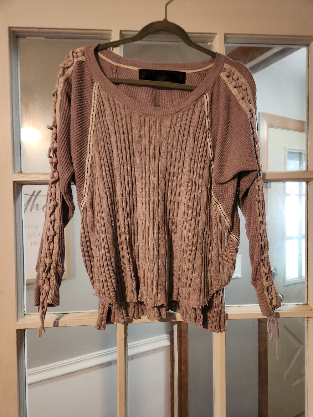 Free People New Romantics Mauve Mixed Knit Lace Up Sleeve Boho Sweater